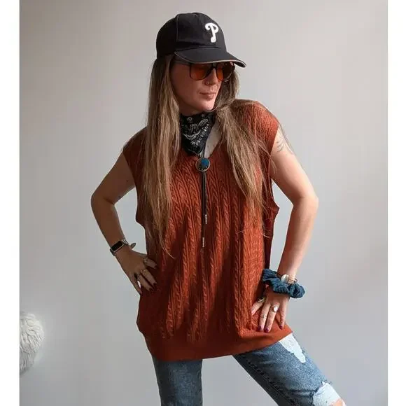 Vintage Silk Cable Knit Sweater Vest Rust Orange Grandpa Cottage Preppy Top XL - Picture 5 of 9